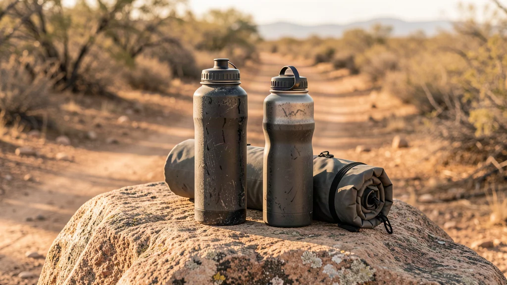 Hiking water bottles and a rolled hydration bladder on a granite rock beside a dusty trail.